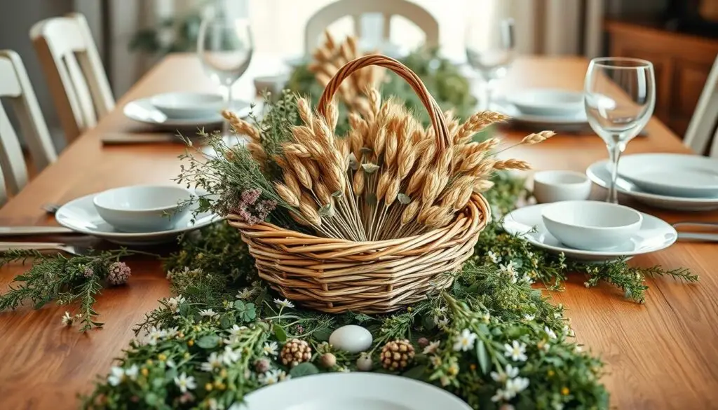 A beautifully set Easter table, adorned with a fresh green runner, adorned with delicate wildflowers and sprigs of fragrant herbs. In the center, a rustic woven basket overflows with plump, golden oat stalks, their heads bowing gently. Soft, diffused lighting casts a warm, inviting glow, highlighting the natural textures and colors. Elegant white porcelain plates and glassware shimmer, complementing the earthy, organic palette. The overall atmosphere exudes a sense of simplicity, tradition, and the welcoming spirit of the Easter holiday.