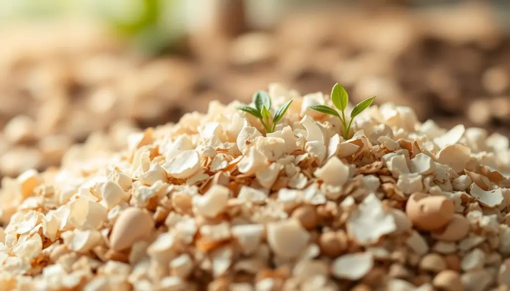 A close-up of an organic eggshell-based fertilizer. The foreground features a pile of crushed eggshells in various shades of white and brown, their intricate textures and patterns visible. In the middle ground, a few small seedlings or plants emerge, their green leaves contrasting with the neutral tones of the eggshells. The background is blurred, suggesting a natural, earthy environment, perhaps a garden or greenhouse. The lighting is soft and diffused, creating a warm, natural ambiance that highlights the eco-friendly nature of this sustainable fertilizer. The overall composition and mood convey the idea of a gentle, nurturing process of plant growth and soil nourishment using this homemade, chemical-free eggshell-based supplement. A close-up of an organic eggshell-based fertilizer. The foreground features a pile of crushed eggshells in various shades of white and brown, their intricate textures and patterns visible. In the middle ground, a few small seedlings or plants emerge, their green leaves contrasting with the neutral tones of the eggshells. The background is blurred, suggesting a natural, earthy environment, perhaps a garden or greenhouse. The lighting is soft and diffused, creating a warm, natural ambiance that highlights the eco-friendly nature of this sustainable fertilizer. The overall composition and mood convey the idea of a gentle, nurturing process of plant growth and soil nourishment using this homemade, chemical-free eggshell-based supplement.
