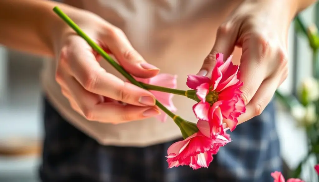 A close-up photograph of a florist's hands carefully angling a freshly cut carnation stem at a 45-degree angle, showcasing the precise technique of stem trimming for optimal flower blooming. The image is bathed in soft, natural lighting, capturing the delicate movements and the vibrant hues of the carnation petals. The background is blurred, keeping the focus on the intricate process of stem preparation, a crucial step for ensuring the full, lush development of the flowers in a vase.