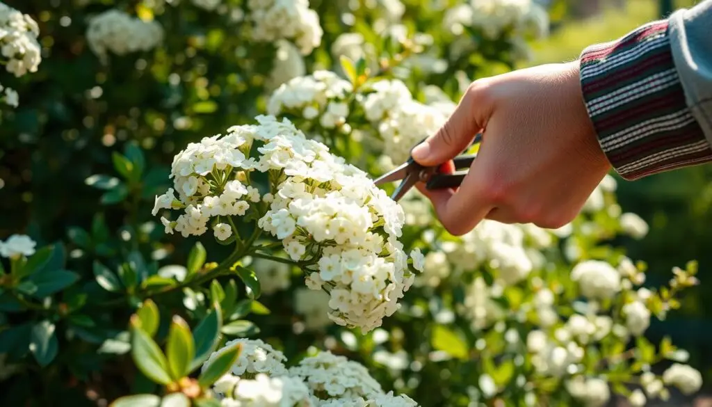 A close-up shot of a gardener's hands carefully pruning the delicate white flower clusters of a Spirea shrub (Spiraea alba). The focus is on the precise snipping motion, capturing the importance of proper trimming technique to maintain the plant's shape and encourage dense, healthy growth. Dappled sunlight filters through the surrounding foliage, casting a warm, natural glow on the scene. The background is slightly blurred, emphasizing the centrality of the pruning action. An atmosphere of attentive care and horticultural expertise permeates the image.