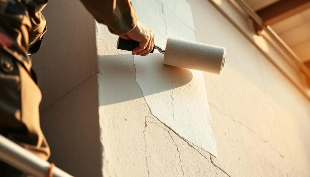 A close-up view of a construction worker's hands carefully applying a layer of primer to the exterior walls of a building, preparing the surface for a fresh coat of paint. The worker stands on a scaffold, wielding a paint roller with precision, as sunlight filters through the scaffolding and casts a warm, golden glow across the scene. The wall texture is visible, with subtle imperfections and cracks, indicating the need for proper surface preparation before painting. The background is blurred, focusing the viewer's attention on the intricate process of priming the exterior walls, a critical step in the overall process of renovating and maintaining a building's facade.