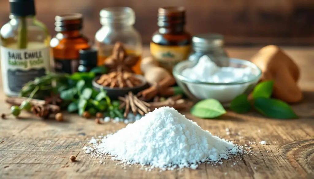 A close-up view of various natural pest control remedies on a rustic wooden surface. In the foreground, a small mound of baking soda is prominently displayed, representing a safe and effective solution for controlling aphids. The middle ground features an array of organic ingredients like herbs, spices, and essential oils, suggesting a homemade, eco-friendly approach to managing pests. The background is softly blurred, creating a sense of depth and focus on the central elements. The lighting is warm and natural, casting subtle shadows that accentuate the textures and colors of the materials. The overall mood is one of simplicity, practicality, and a connection to nature, conveying the benefits of using a natural, homemade spray to combat aphids.