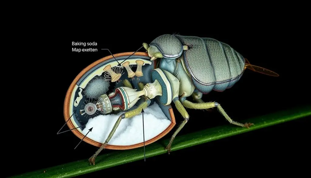 A detailed cross-section illustration of the mechanism by which baking soda (sodium bicarbonate) effectively combats aphids (mszyce) on plants. The image shows a close-up, intricate view of the chemical reaction between the soda and the aphid's exoskeleton, with labeled components depicting the process. Rendered in a technical, scientific style with muted colors, clean lines, and a focus on the underlying biological and chemical principles. Backlighting casts dramatic shadows, emphasizing the structural details. The perspective is slightly angled to provide depth and clarity. No distracting backgrounds or embellishments, allowing the core mechanistic principles to be the sole focus.