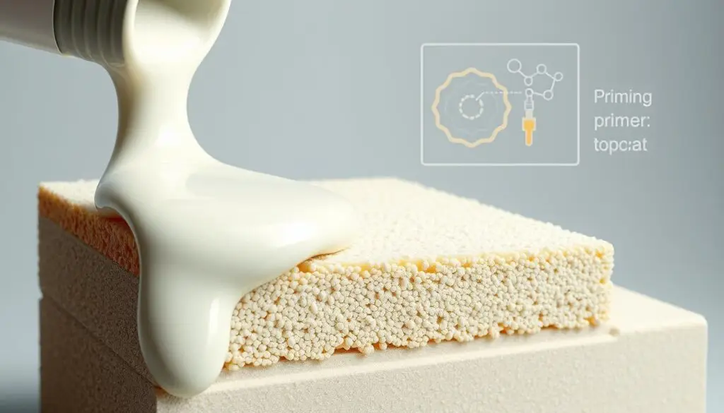 A detailed cross-section illustration showcasing the inner workings and interactions between a priming coating and the underlying surface. The foreground depicts the paint primer being applied, with its viscous liquid texture and uniform coverage. The middle ground reveals the porous, granular structure of the base material, allowing the primer to deeply penetrate and bond. In the background, a technical diagram illustrates the microscopic mechanisms - capillary action, surface tension, and chemical adhesion - that enable the primer to effectively prepare the surface for a durable topcoat. Crisp lighting from multiple angles highlights the materials' nuanced properties, while a muted, technical color palette conveys a sense of precision and functionality.