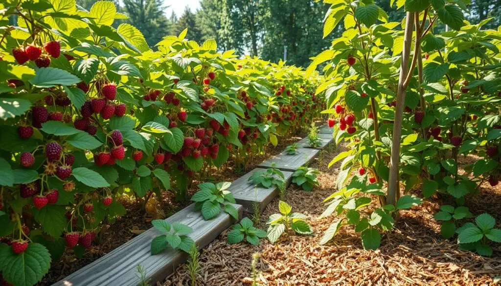 A lush raspberry patch nestled in a verdant garden, the canes adorned with vibrant green leaves and plump, juicy berries. Soft, earthy tones of weathered wooden planks line the ground, creating a natural mulch that retains moisture and suppresses weeds. Dappled sunlight filters through the canopy, casting warm, golden hues across the scene. The overall mood is one of abundant, nourishing growth, showcasing the importance of this simple yet effective technique of mulching raspberry plants for a thriving, productive harvest.