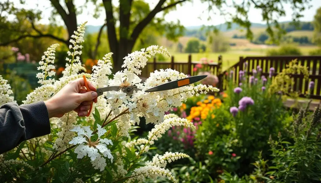 A lush, verdant garden scene in the late spring. In the foreground, a skilled gardener carefully trims the white panicles of a Spirea shrub, their hands expertly guiding the sharp shears. The shrub's delicate, lacy blooms shimmer in the soft, diffused sunlight filtering through the canopy of surrounding trees. In the middle ground, other vibrant perennials and shrubs provide a rich, textured backdrop, while in the distance, a wooden fence and rolling hills create a sense of depth and tranquility. The overall atmosphere is one of serene, focused gardening, with the pruning of the Spirea shrub taking center stage.