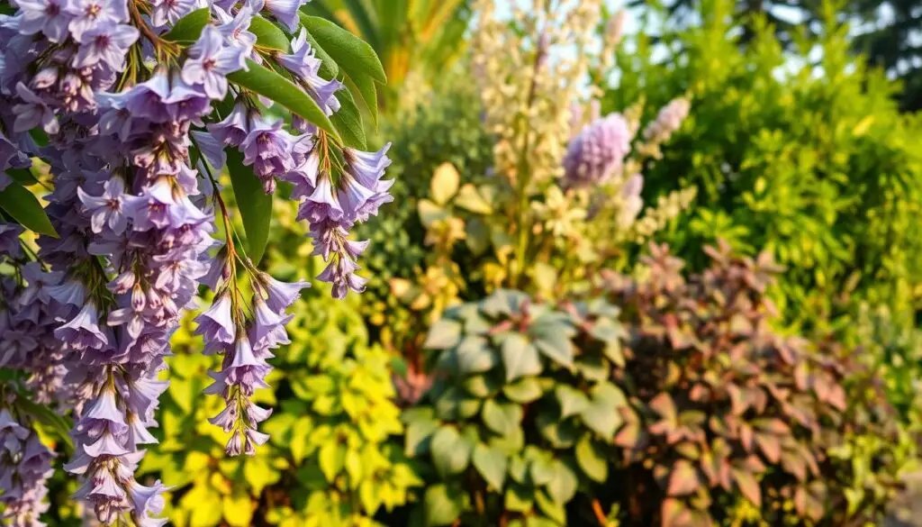 A lush, vibrant image of Paulownia tomentosa, the Japanese Empress Tree, showcasing its unique and diverse varieties. In the foreground, delicate lavender blooms cascade gracefully, their velvety petals illuminated by soft, warm lighting. The middle ground reveals the tree's distinct leaves, broad and heart-shaped, their verdant hues ranging from deep emerald to soft sage. In the background, a harmonious composition of Paulownia's varied cultivars, each with its own distinctive foliage and growth habits, creating a visually captivating tableau. The scene is infused with a sense of serenity and natural wonder, inviting the viewer to appreciate the beauty and diversity of this remarkable tree species.