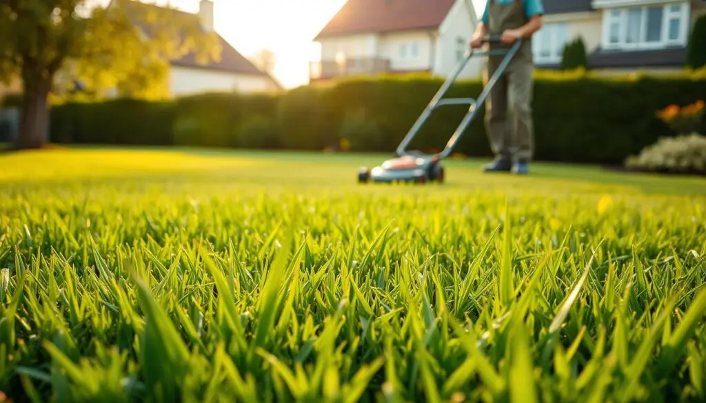 A lush, well-manicured lawn in the foreground, with blades of grass gently swaying in a soft breeze. In the middle ground, a gardener carefully tending to the lawn, using a push mower to trim the grass to an even height. The background features a picturesque suburban setting, with a neatly trimmed hedge and a few small trees providing a natural backdrop. The scene is bathed in warm, golden sunlight, creating a serene and inviting atmosphere. The overall composition conveys a sense of pride and attention to detail in the maintenance of a pristine, healthy lawn.
