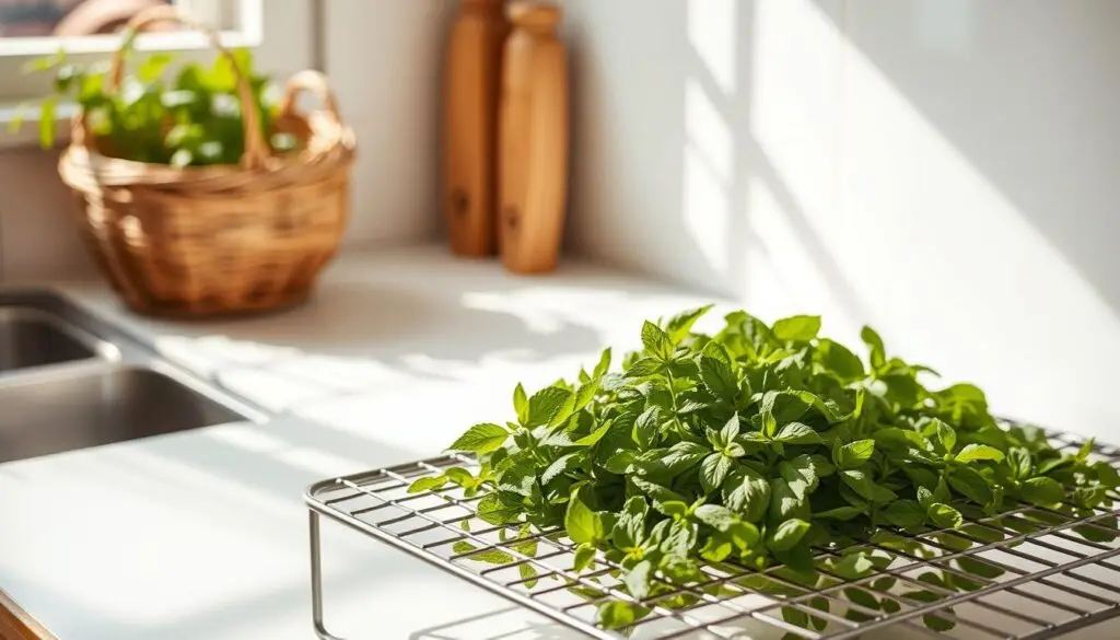 A sun-dappled kitchen counter, adorned with sprigs of fresh mint leaves delicately arranged in a woven basket. Gentle beams of natural light filter through the window, casting a warm, golden glow over the scene. In the foreground, a drying rack holds bundles of mint, their leaves slowly unfurling as they are naturally dehydrated, preserving their vibrant green hue and aromatic essence. The background features a simple, minimalist aesthetic, allowing the natural beauty of the drying process to take center stage. The overall atmosphere is one of rustic simplicity, inviting the viewer to imagine the soothing scent of the drying mint and the tranquility of the homemade drying process.
