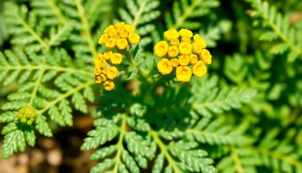 A vibrant, close-up illustration of the common tansy (Tanacetum vulgare), also known as the "common tansy" or "wrotycz pospolity". The plant's characteristic fern-like leaves and clusters of yellow button-like flowers are prominently displayed, capturing its distinctive botanical features. The image has a sharp, detailed focus, with natural lighting illuminating the plant's textures and colors. The background is blurred, keeping the tansy as the central subject. The overall mood is one of botanical precision and scientific observation, suitable for introducing the topic of this herbaceous perennial.