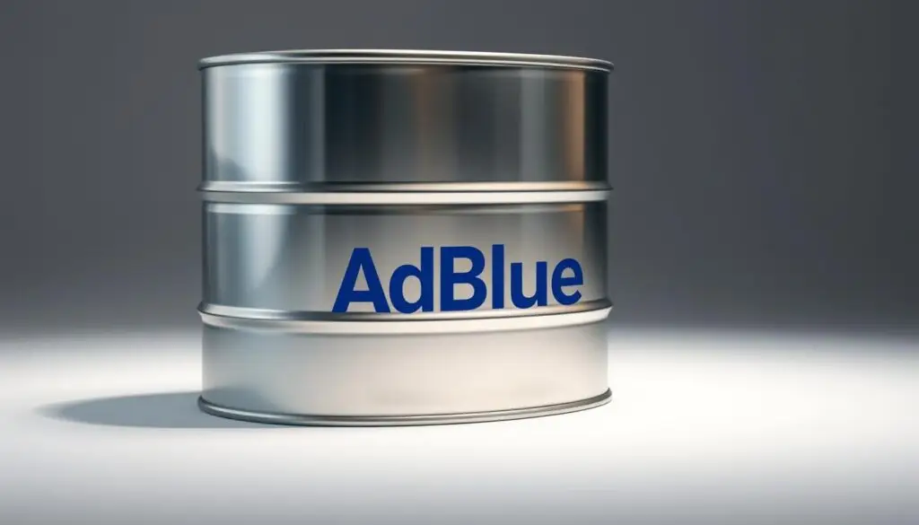 A well-lit, high-resolution photograph of a metal storage container or barrel, showcasing the AdBlue logo prominently displayed on the side. The container should be placed on a plain, neutral background, illuminated by soft, directional lighting to accentuate the reflective surface and create a sense of depth and dimensionality. The image should convey a sense of professionalism and technical precision, reflecting the purpose and function of AdBlue as an automotive additive. The focus should be on the container itself, with minimal distractions or extraneous elements in the frame.