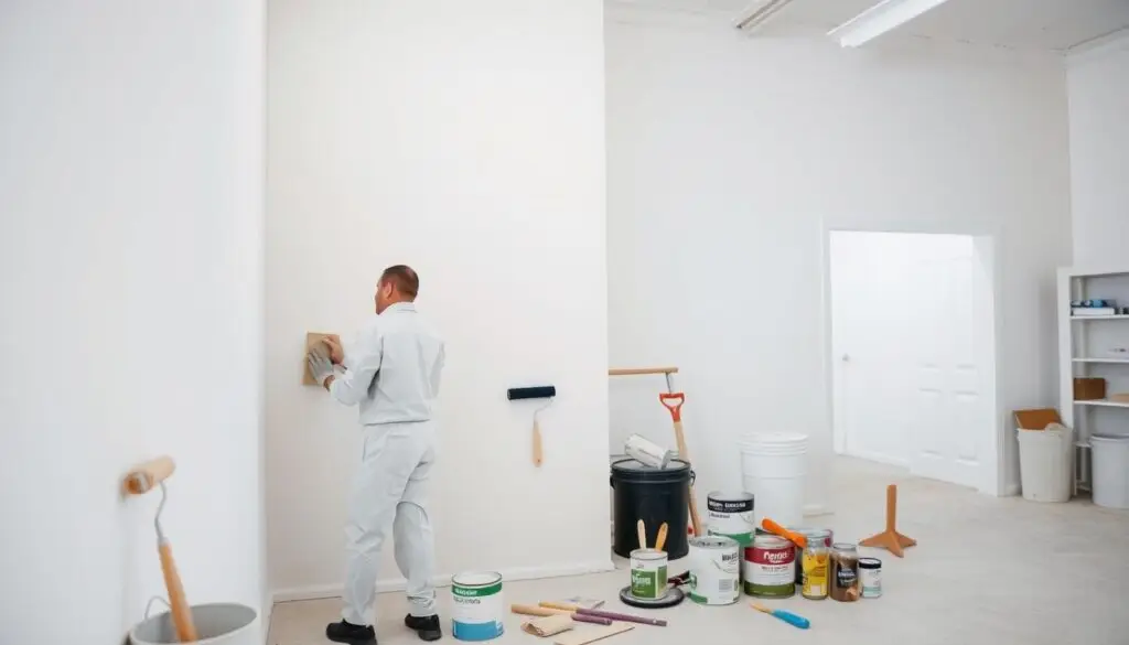 A well-lit interior scene showcasing the preparation of a surface for painting. In the foreground, a worker wearing a white coverall is carefully sanding a smooth, pristine white wall, removing any imperfections. The middle ground features various painting tools and supplies, including rollers, brushes, and cans of primer and paint in different colors. The background shows additional walls, shelves, and other elements of a workspace, creating a sense of depth and context. The lighting is soft and diffused, creating an even, shadow-free illumination that highlights the texture of the wall and the precision of the sanding process. The overall mood is one of focused diligence and attention to detail, reflecting the importance of proper surface preparation before the painting can begin.