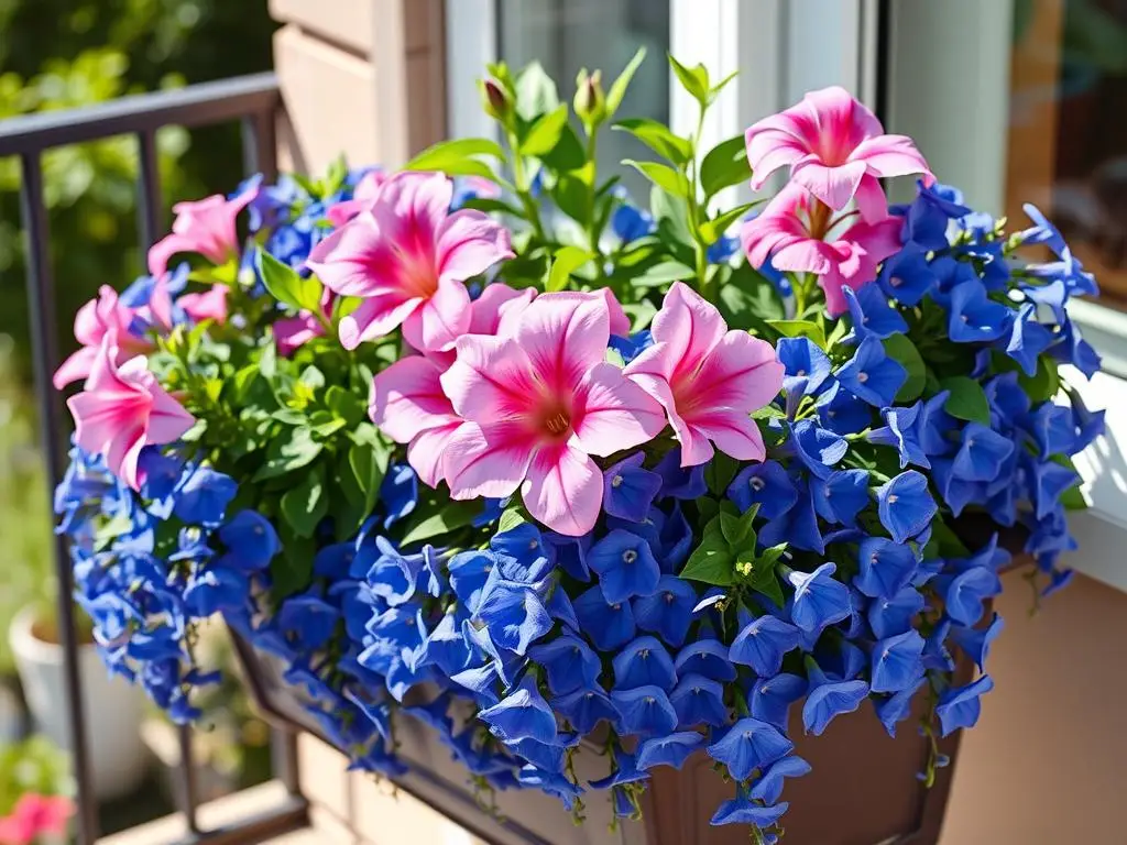 Niebieska lobelia tworząca kontrast z różowymi surfiniami Niebieska lobelia tworząca kontrast z różowymi surfiniami