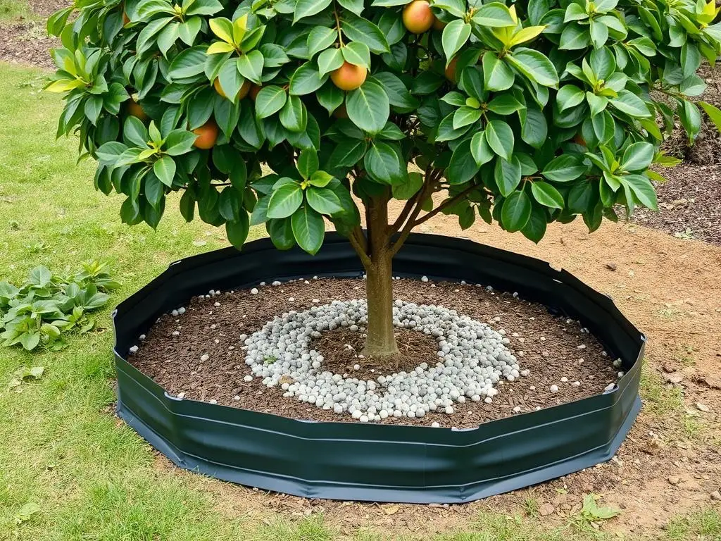 Obrzeże wokół drzewa owocowego wykonane z plastikowego obrzeża typu Eko-bord Obrzeże wokół drzewa owocowego wykonane z plastikowego obrzeża typu Eko-bord