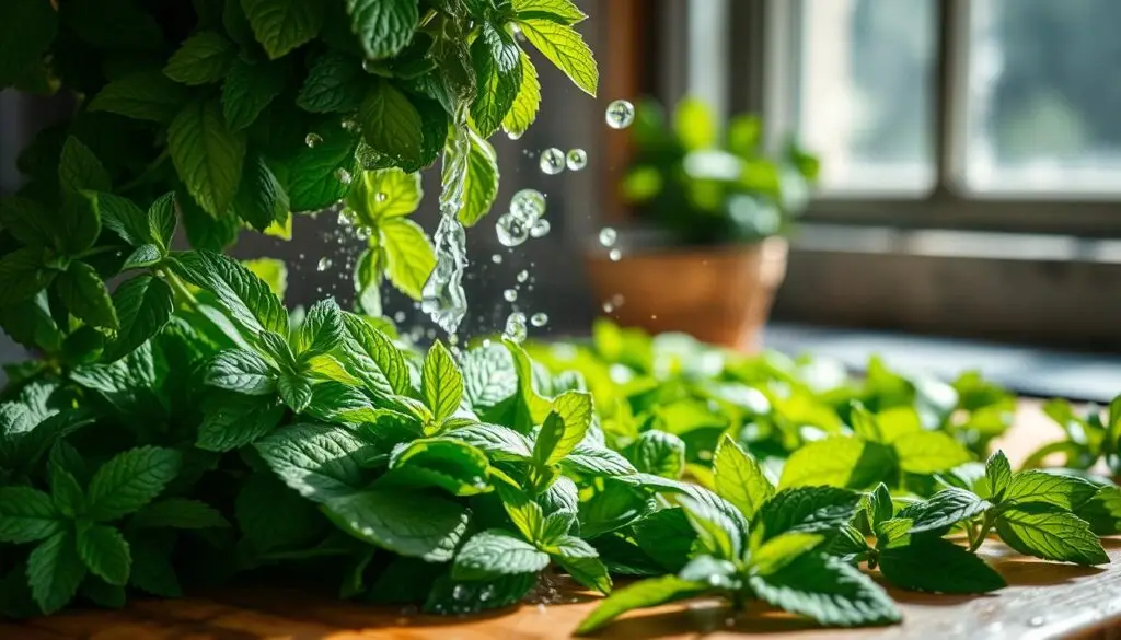 Vivid close-up of fresh mint leaves being carefully gathered and prepared for drying. The mint sprigs are delicately picked, their vibrant green hues accentuated by soft, natural lighting filtering through a window. In the foreground, the leaves are meticulously washed under a gentle stream of cool water, removing any impurities. In the middle ground, the clean, damp leaves are arranged on a wooden surface, ready for the next step of the drying process. The scene conveys a sense of calm, focused attention to detail, and the soothing, aromatic essence of the mint. The composition is framed to highlight the textures and tones of the plant, creating a visually appealing and informative illustration.