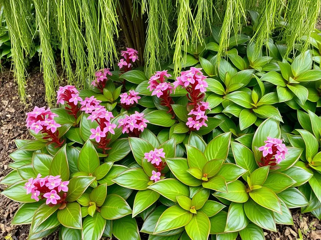 Bergenie z różowymi kwiatami posadzone pod wierzbą hakuro