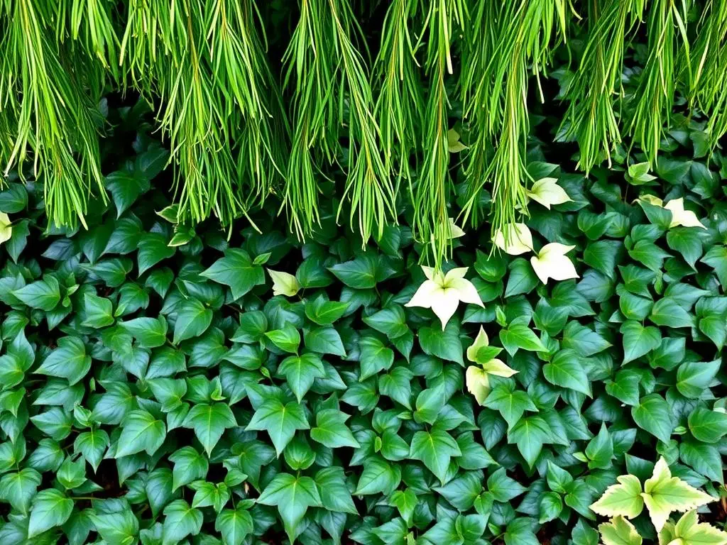 Bluszcz pospolity rosnący pod wierzbą hakuro