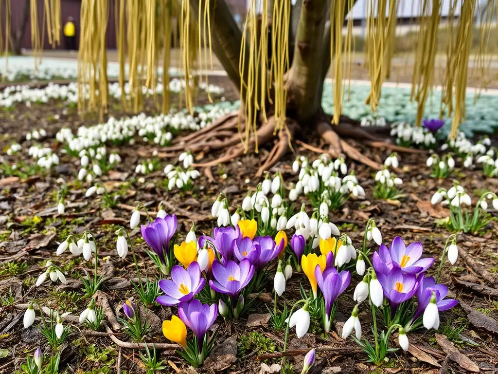 Krokusy i przebiśniegi kwitnące pod wierzbą hakuro wczesną wiosną