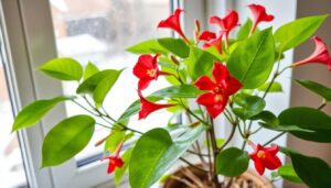 Kwitnąca sundaville zimą w domu na jasnym parapecie