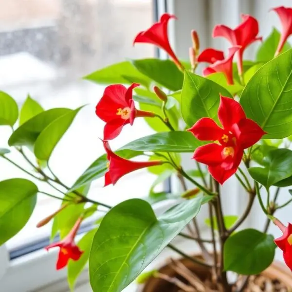 Kwitnąca sundaville zimą w domu na jasnym parapecie