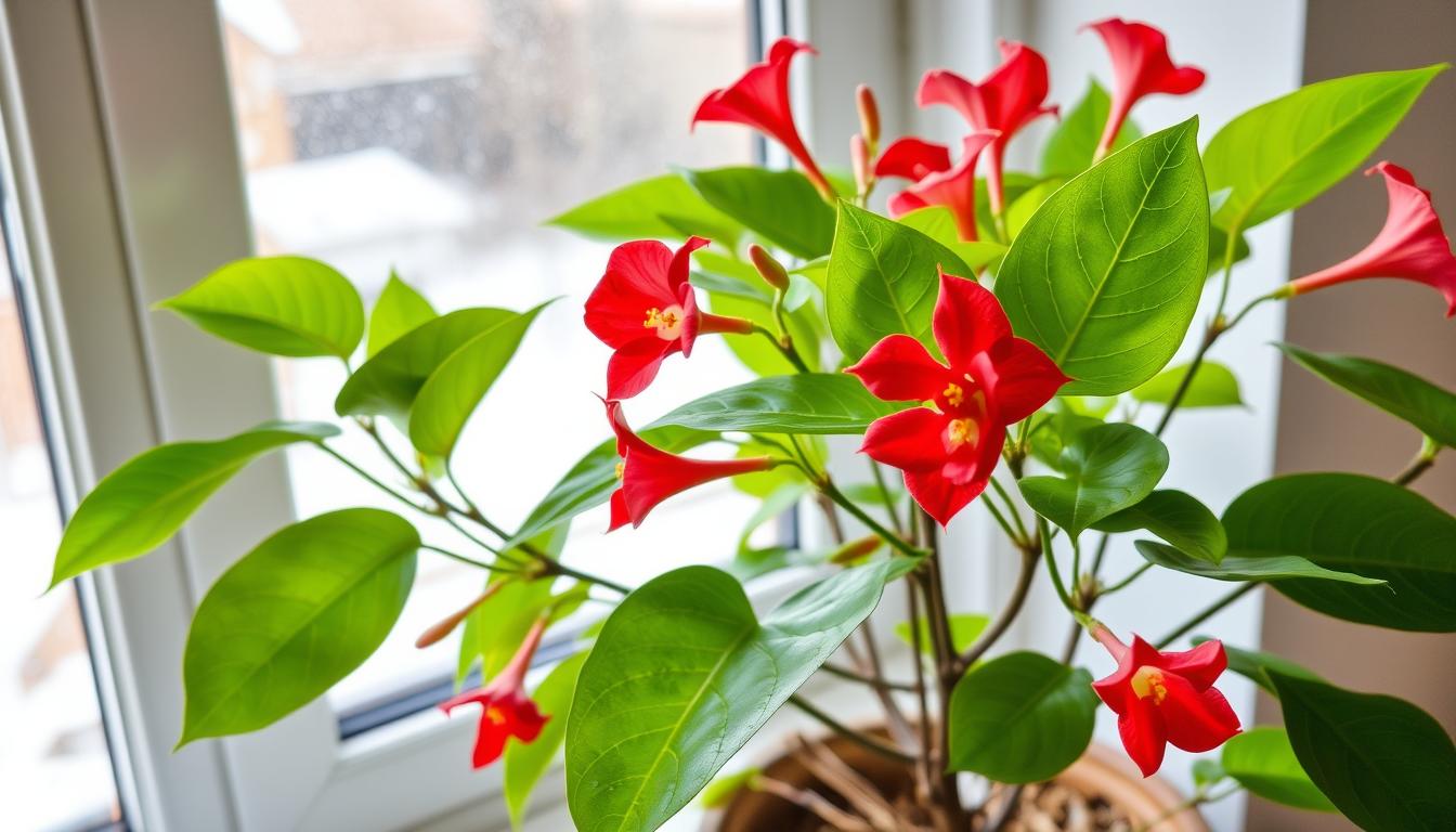 Kwitnąca sundaville zimą w domu na jasnym parapecie