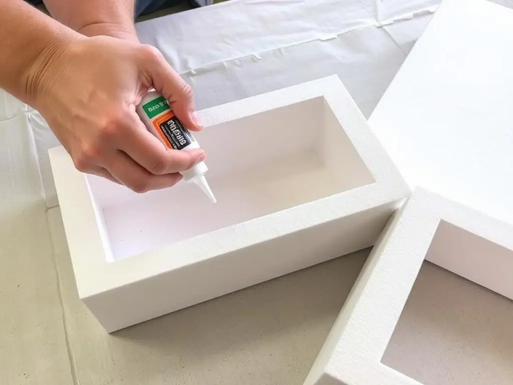 Łączenie elementów donicy ze styropianu za pomocą kleju