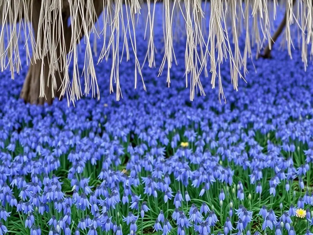 Niebieska cebulica syberyjska kwitnąca pod wierzbą hakuro