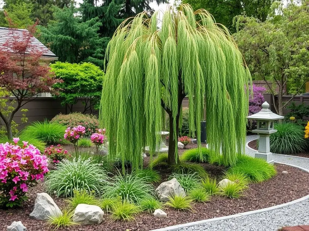Ogród w stylu japońskim z wierzbą hakuro