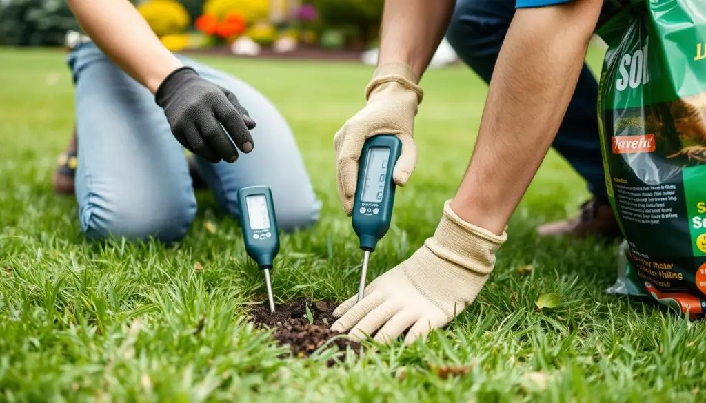 Ogrodnik sprawdzający wilgotność gleby przed nawożeniem trawnika