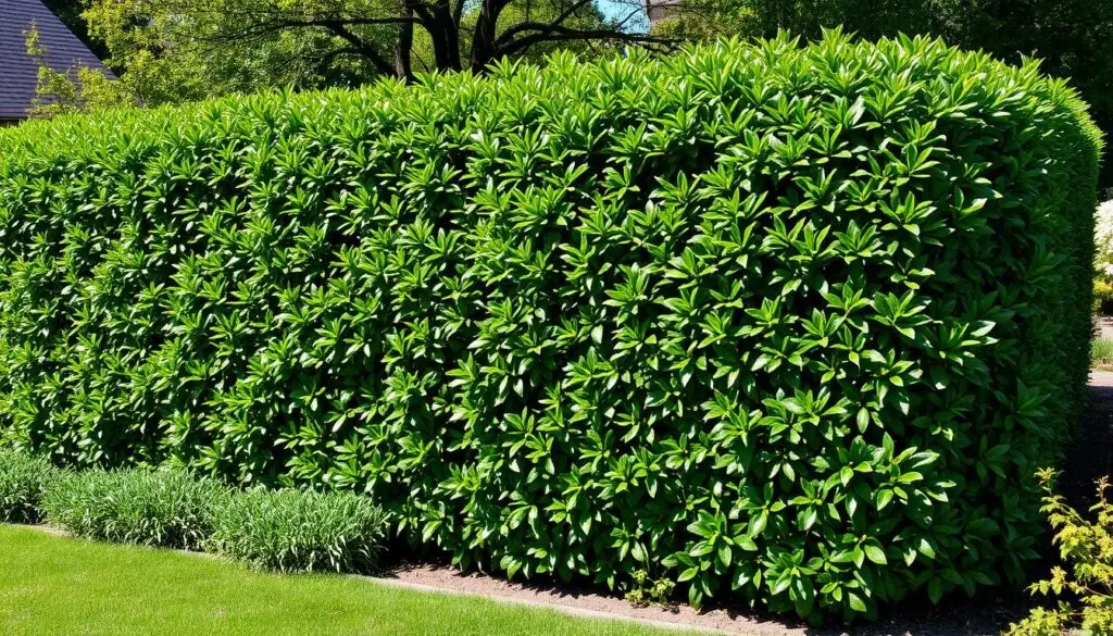 Piękny, gęsty żywopłot z laurowiśni w ogrodzie przydomowym