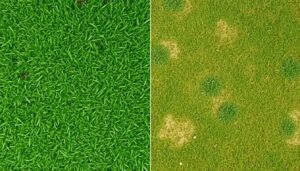 Porównanie trawnika nawożonego i nienawożonego, pokazujące różnicę w kolorze i gęstości trawy