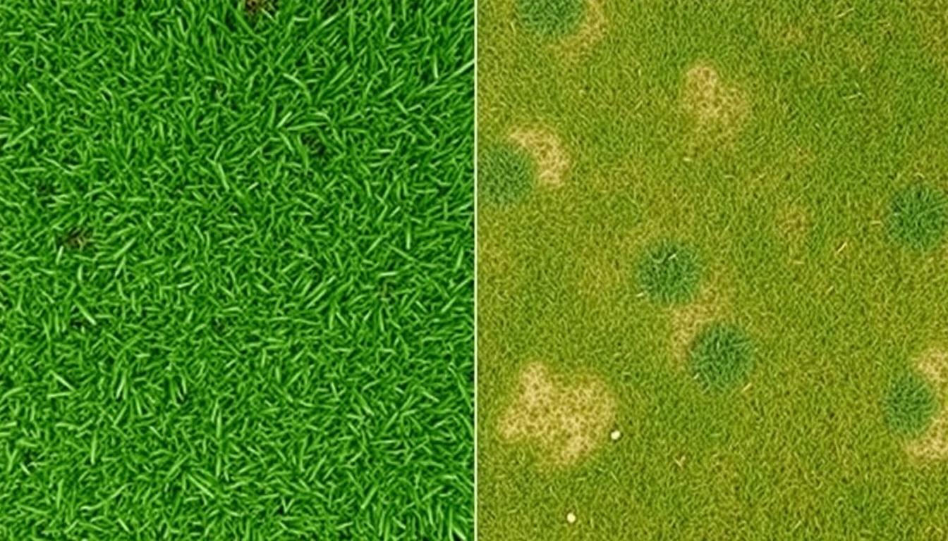 Porównanie trawnika nawożonego i nienawożonego, pokazujące różnicę w kolorze i gęstości trawy