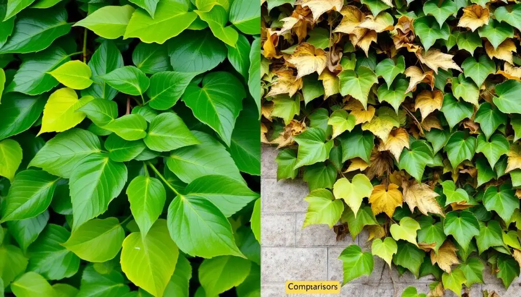 Porównanie zdrowego bluszczu z usychającym - diagnoza problemów bluszczu doniczkowego