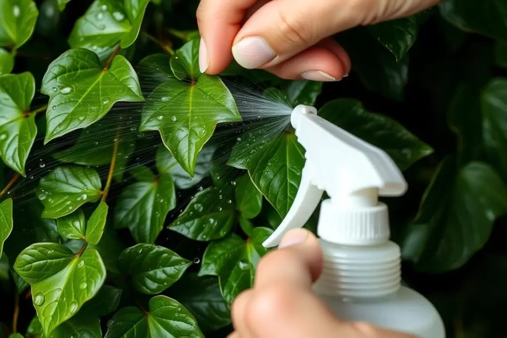 Prawidłowe zraszanie liści bluszczu dla zwiększenia wilgotności powietrza