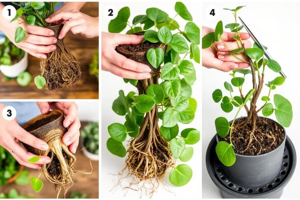 Proces przesadzania usychającego bluszczu do nowej doniczki z odpowiednim podłożem