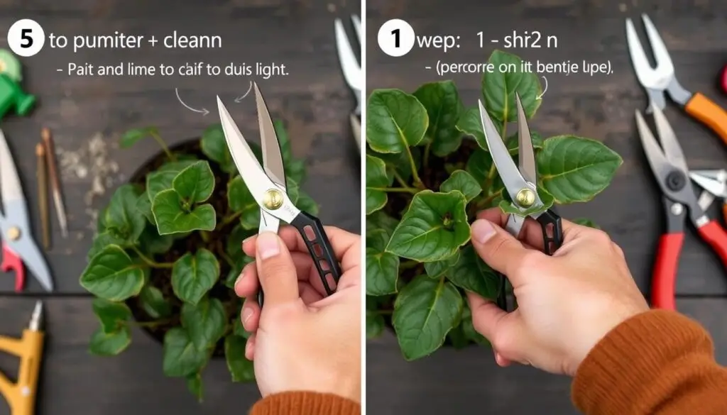 Proces przycinania sundaville na zimę z widocznymi narzędziami ogrodniczymi