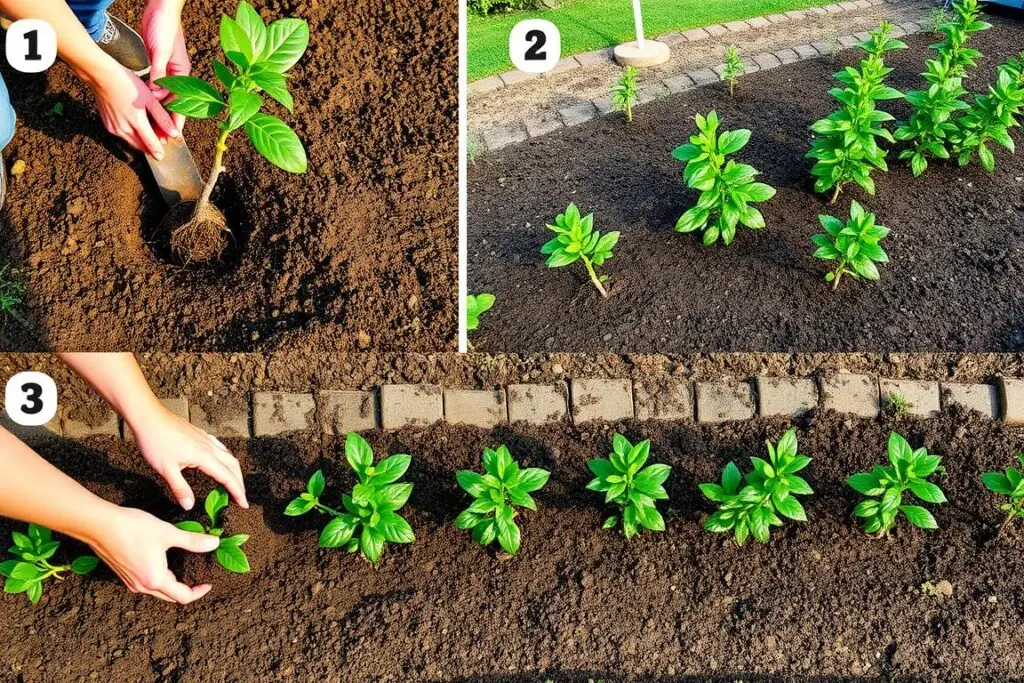 Proces sadzenia laurowiśni na żywopłot - wykopywanie dołków i umieszczanie sadzonek