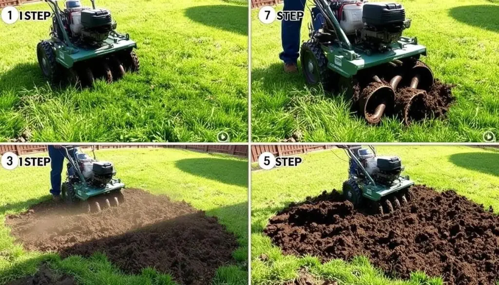 Proces usuwania starego trawnika przy użyciu glebogryzarki separacyjnej