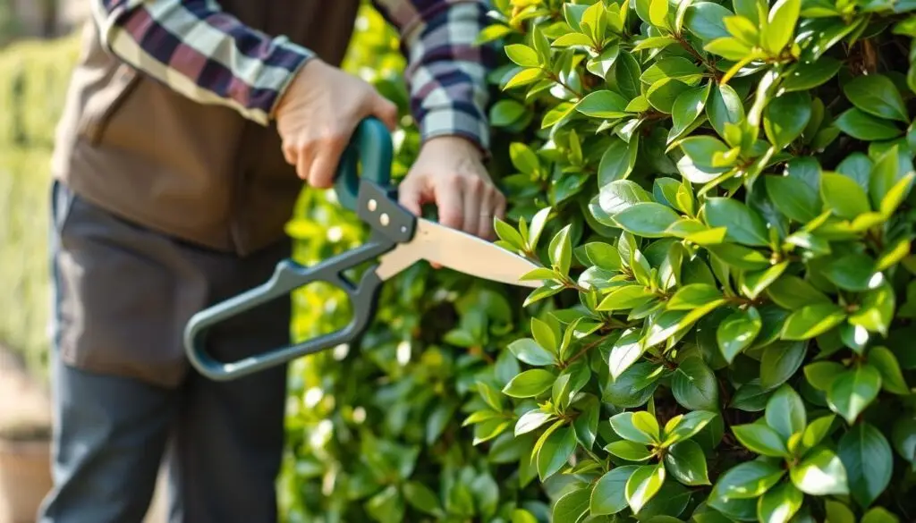 Przycinanie i formowanie żywopłotu z laurowiśni za pomocą nożyc ogrodowych