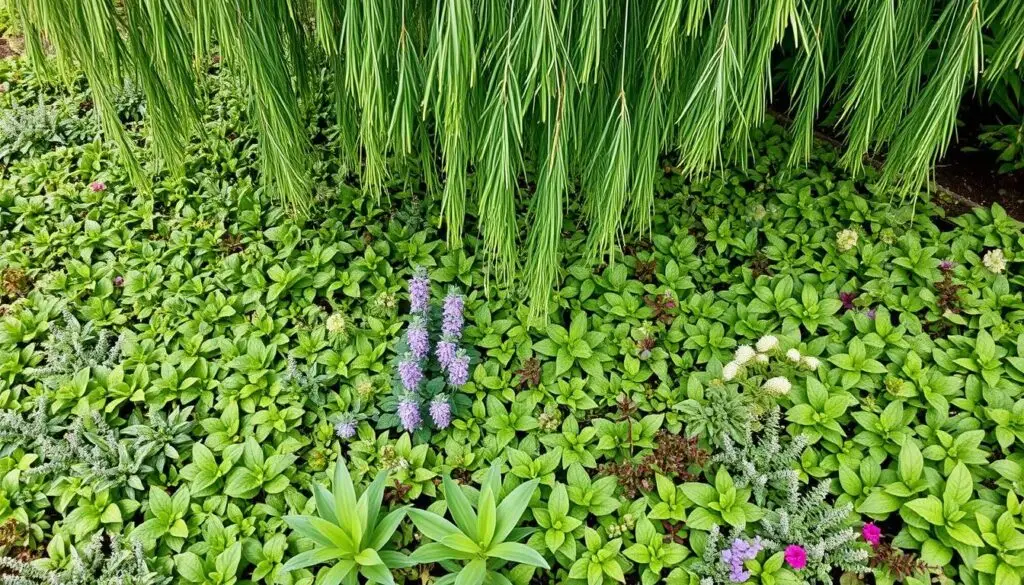 Rośliny okrywowe tworzące dywan pod wierzbą hakuro