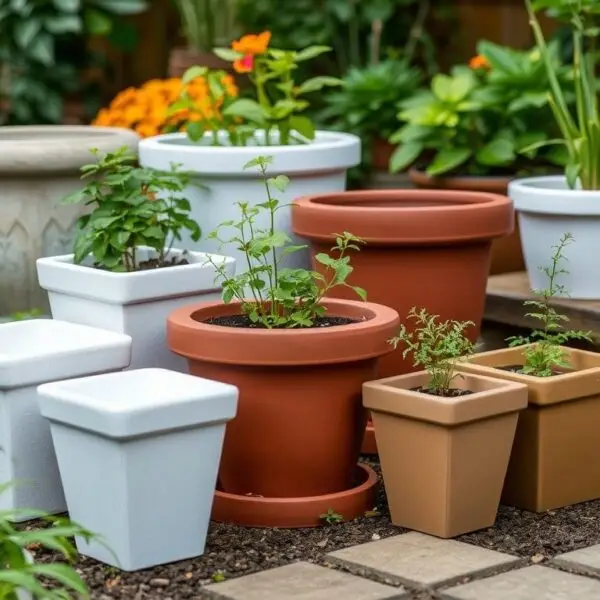 Różne donice ze styropianu w ogrodzie pokazujące ich praktyczne zastosowanie