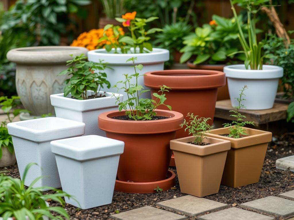 Różne donice ze styropianu w ogrodzie pokazujące ich praktyczne zastosowanie