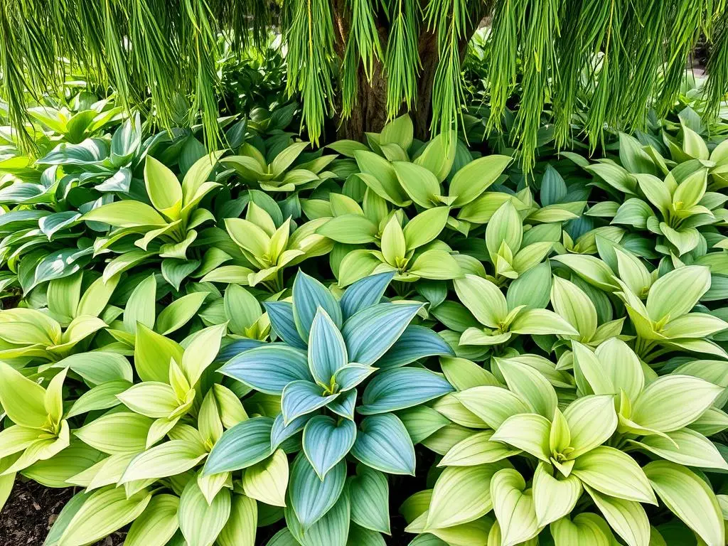 Różne odmiany funkii (host) rosnące pod wierzbą hakuro