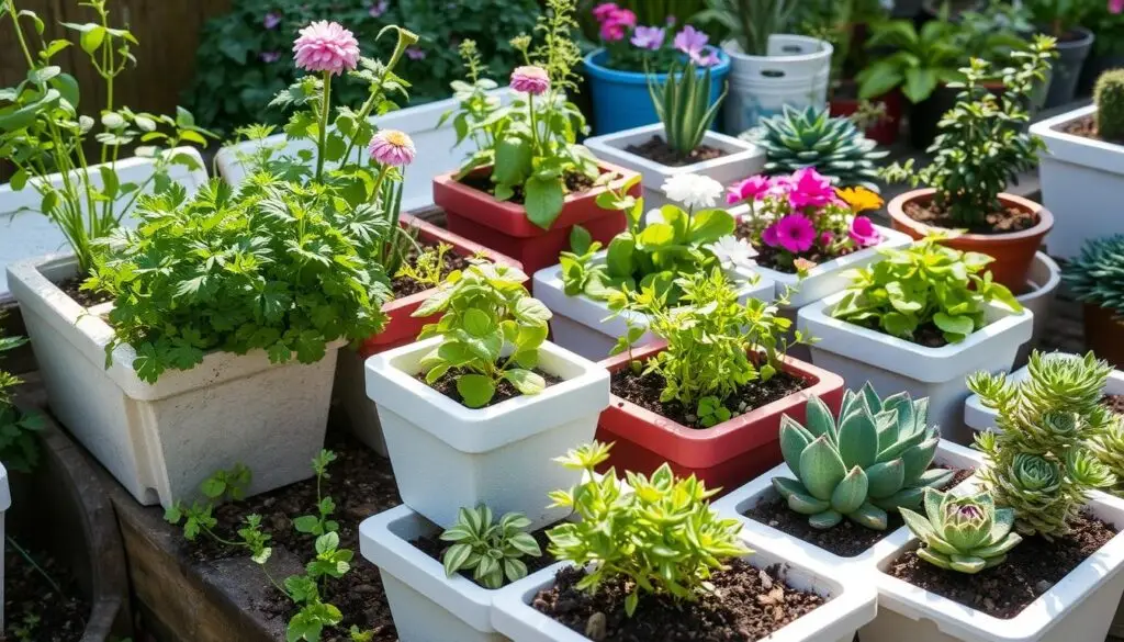 Różne rośliny dobrze rosnące w donicach ze styropianu