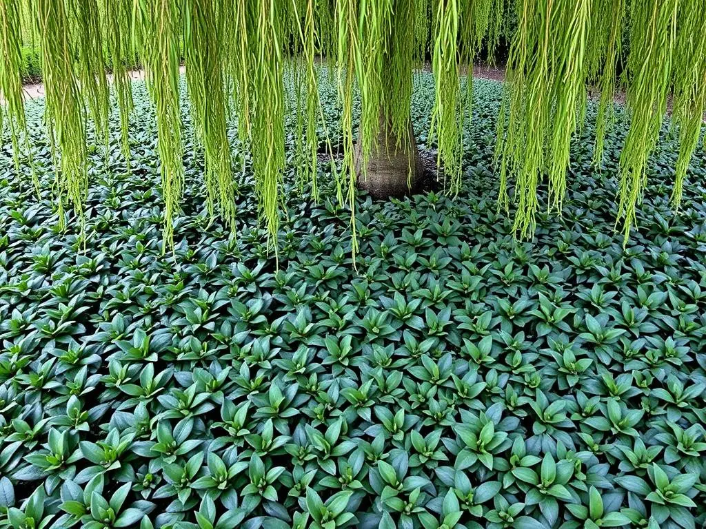 Runianka japońska tworząca dywan pod wierzbą hakuro