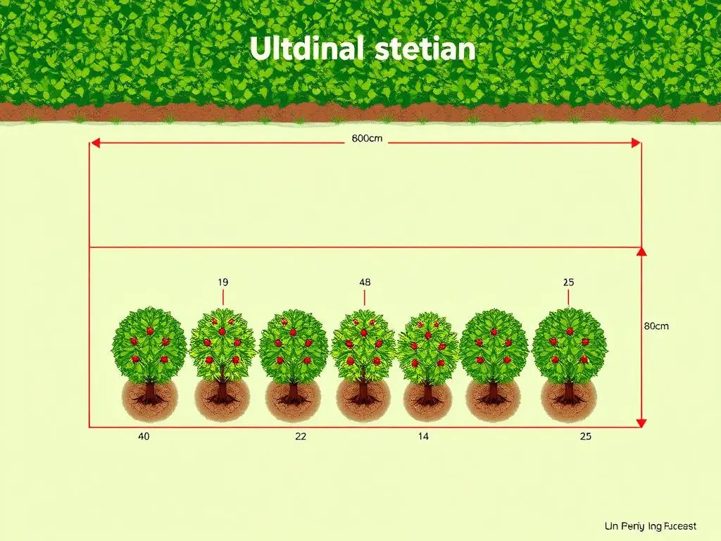 Schemat sadzenia laurowiśni na żywopłot z zaznaczonymi odstępami co ile sadzić