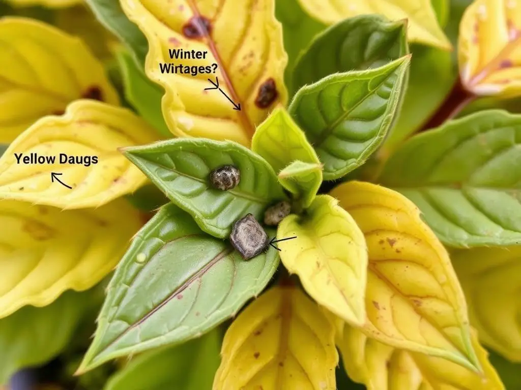 Sundaville z objawami problemów zimowych - żółknące liście