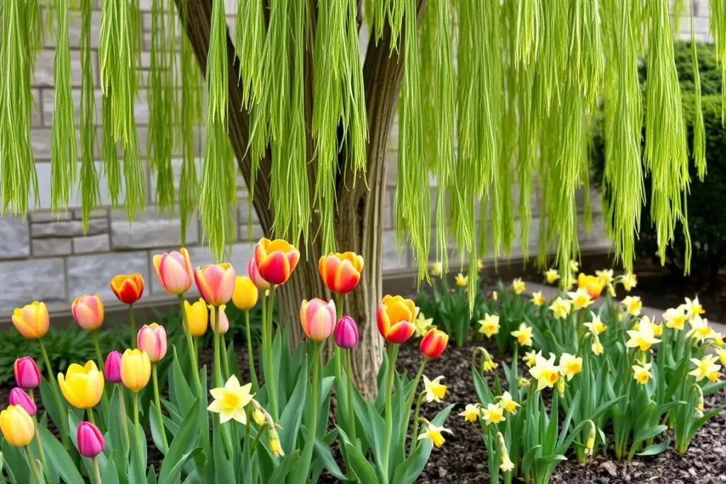 Tulipany i narcyzy kwitnące pod wierzbą hakuro