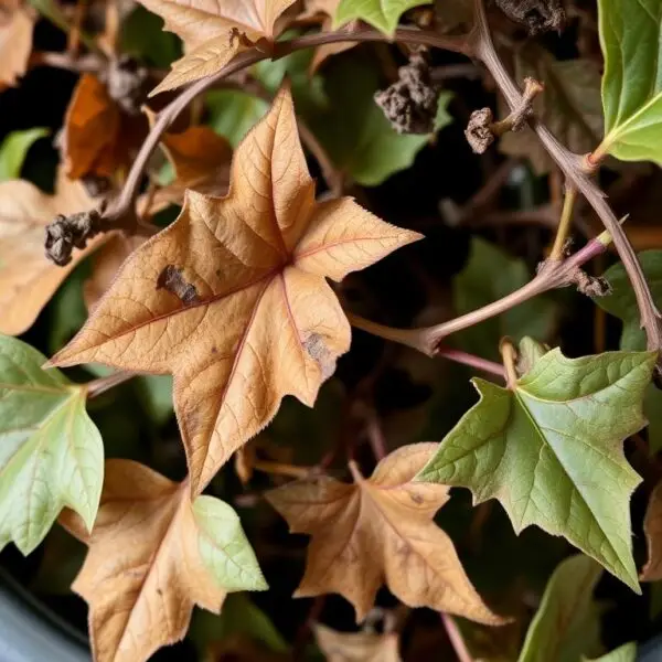 Usychający bluszcz z widocznymi brązowymi, suchymi liśćmi jako przykład jak uratować usychający bluszcz