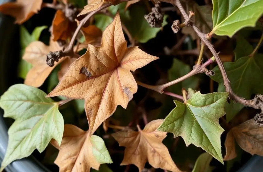 Usychający bluszcz z widocznymi brązowymi, suchymi liśćmi jako przykład jak uratować usychający bluszcz